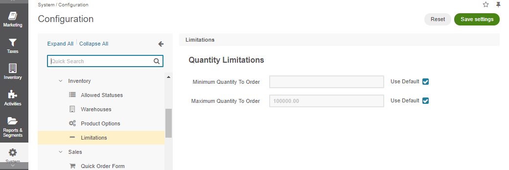 Global inventory limitations configuration settings
