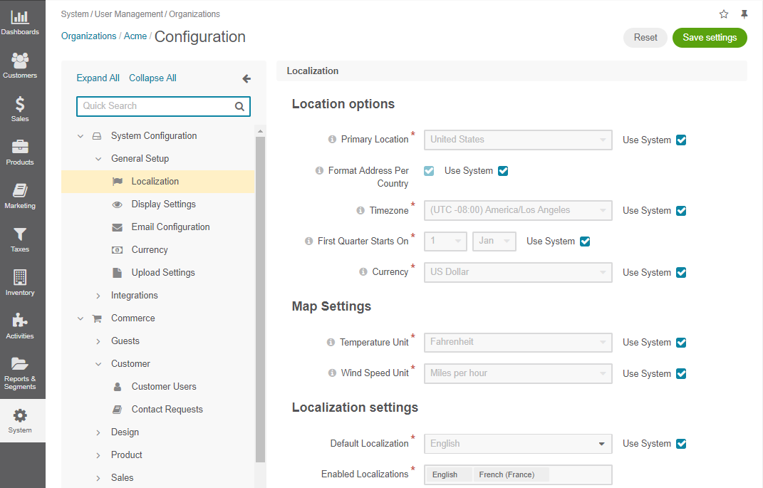 Localization configuration options per organization