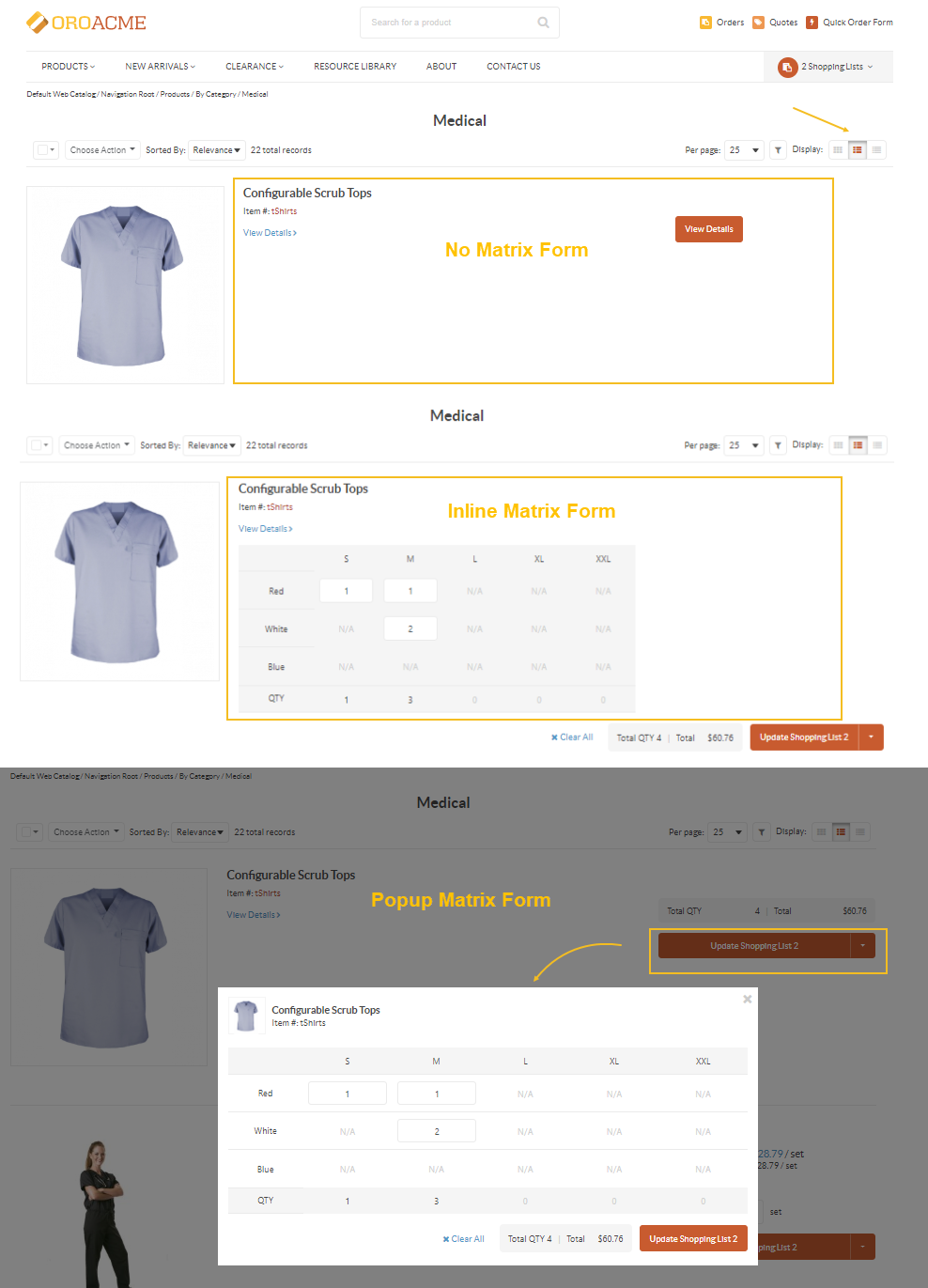 Different matrix form view options displayed on the product listing page in the storefront