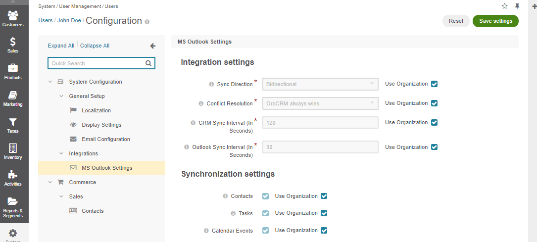 Integration and synchronization settings options displayed in the ms outlook menu on the user level