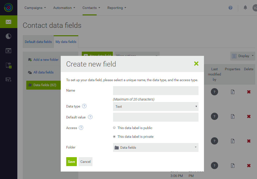 Create a new data field in the dialog box
