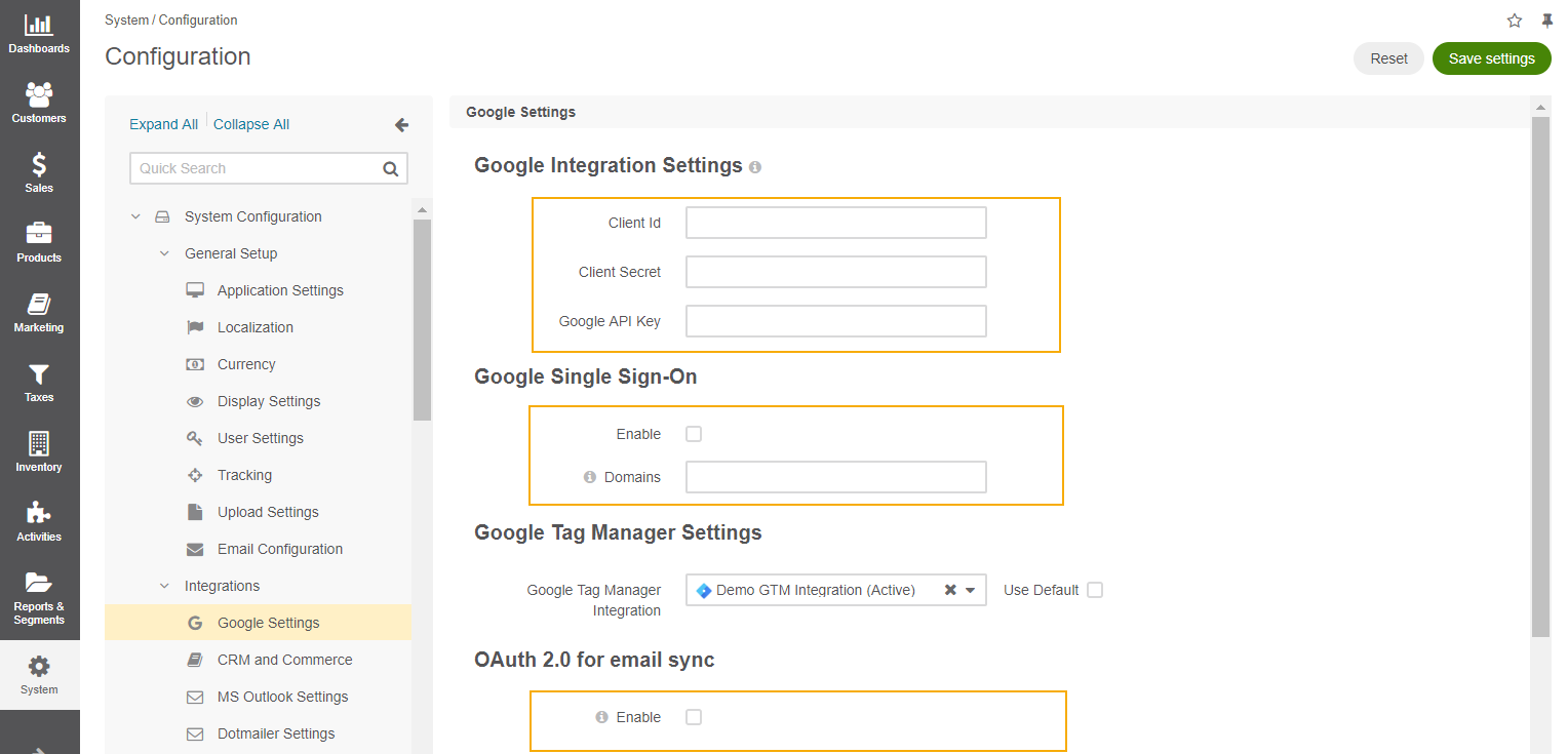 Global Google integration settings