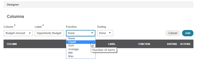 Selecting the Count function for the budget amount from the dropdown list