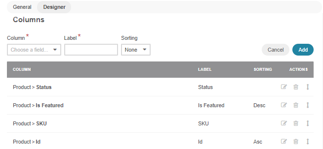 Adding the product status, featured products, product id and sku columns in the designer section