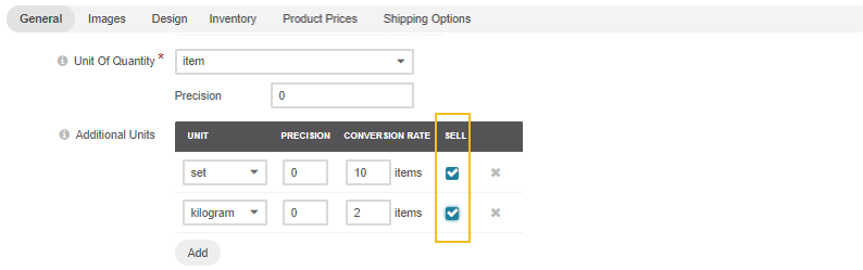Enables sell checkbox for a product unit
