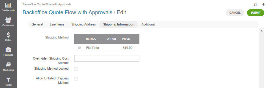 Shipping options under the Shipping Information section of the Backoffice Quote Flow with Approvals