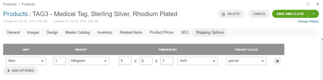 Sample shipping options configuration for a medical tag product