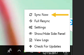 The sync now button displayed on the bottom right of your screen when right-clicking the outlook add-in icon
