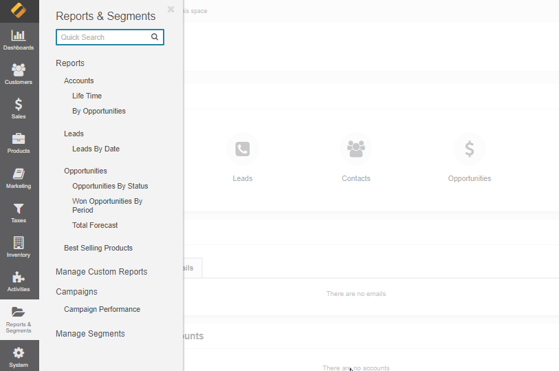 Illustrate the location of the Reports & Segments main menu and all included submenus