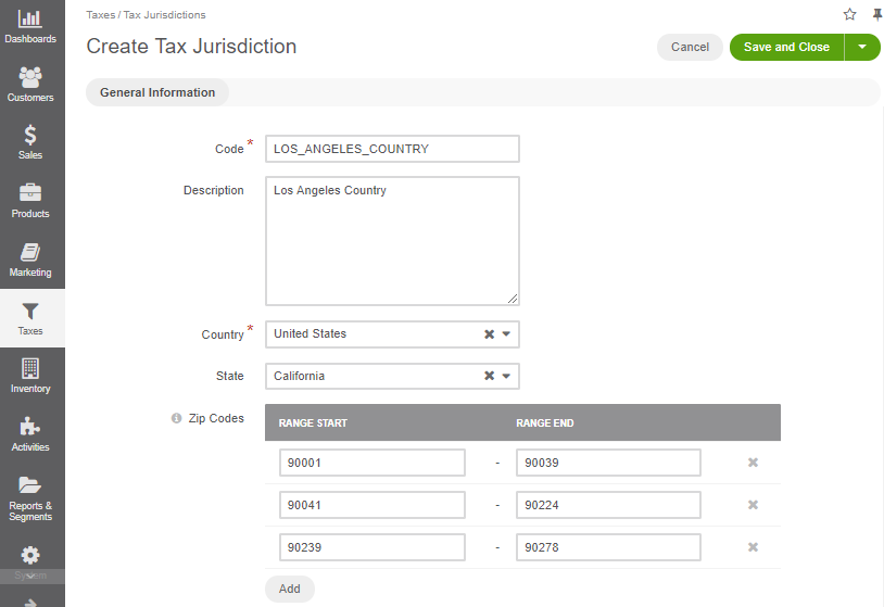 Fill the data for a new tax jurisdiction