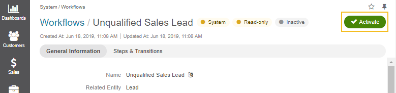 Unqualified sales lead workflow screen under system > workflows in the main menu