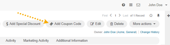 Highlight the Add Coupon Code button on the Order's page