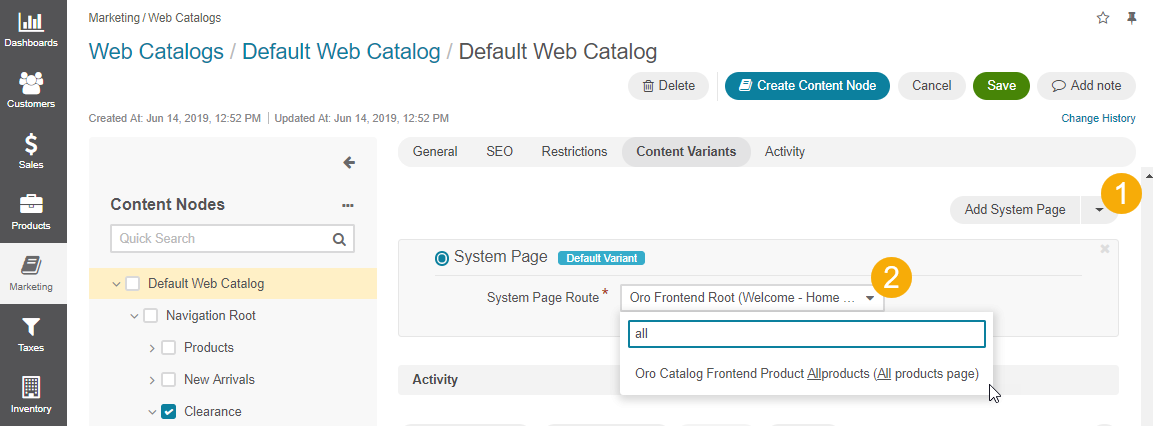 Selecting the All products page for the System Page Route for the Default Web Catalog