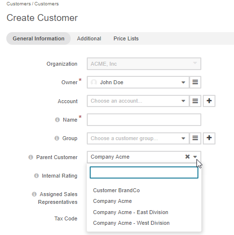 Selecting a company for the parent customer