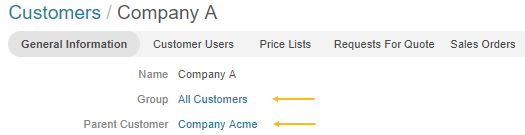 Click on the company name next to the parent customer to get to the parent company page