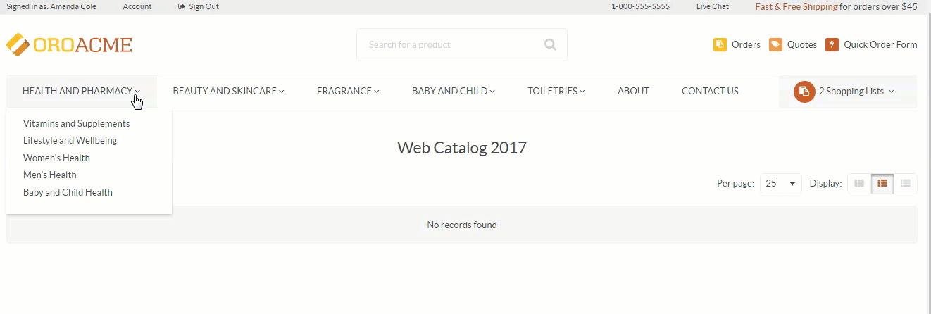 Illustrating all content nodes created under the Web Catalog 2017 in the storefront