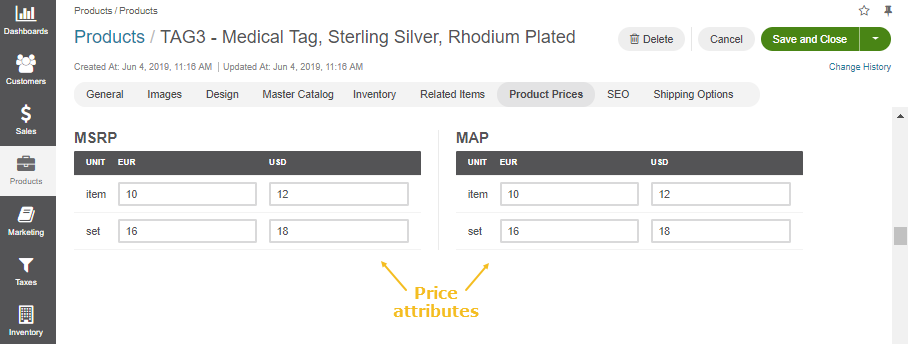 Price attributes in the Product Prices section of the selected product