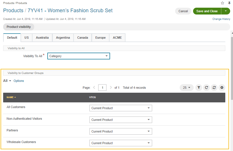 View the product Visibility to Customer Groups settings