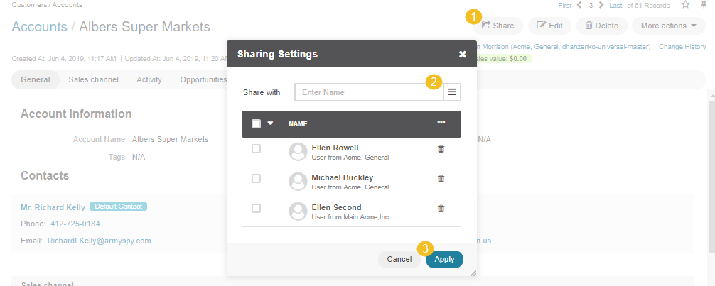 The sharing settings dialog displayed after clicking the share button on the account page