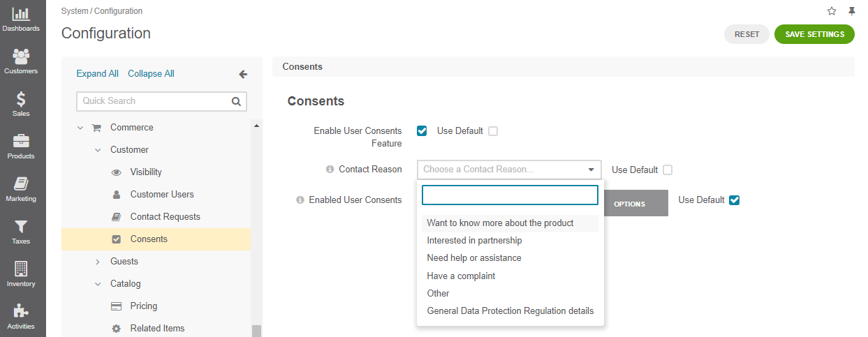 Contact reason configuration option