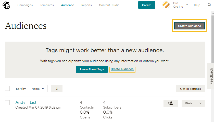 Create a new audience in MailChimp