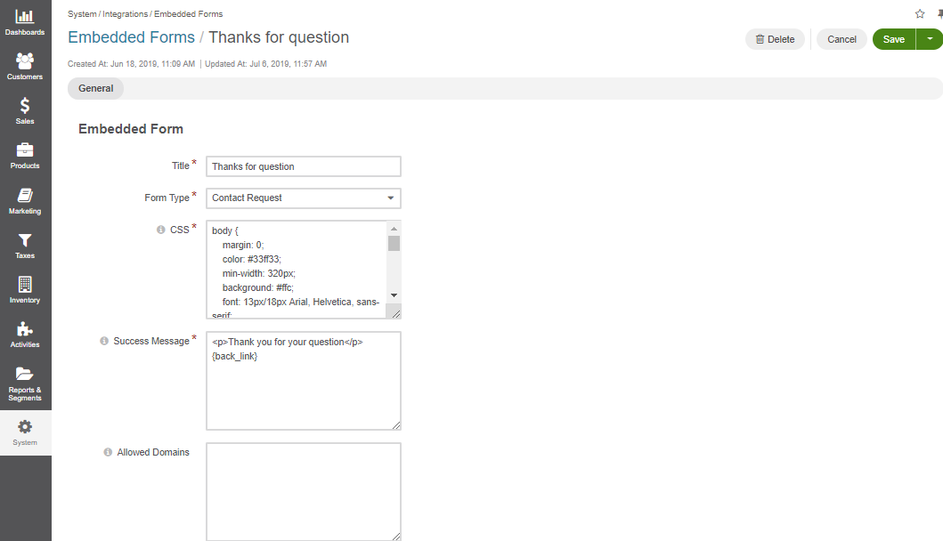 A sample of the Thanks for question form configuration