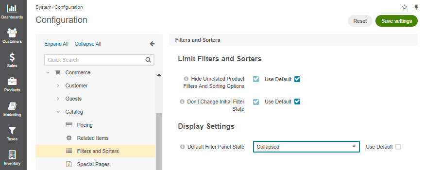 Filters and Sorters global configuration settings