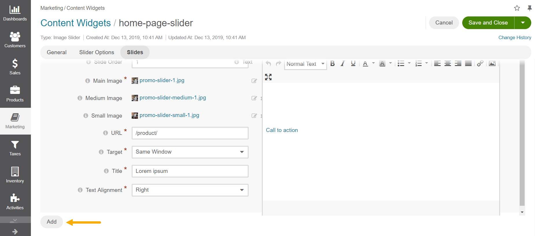Image slider content widget form