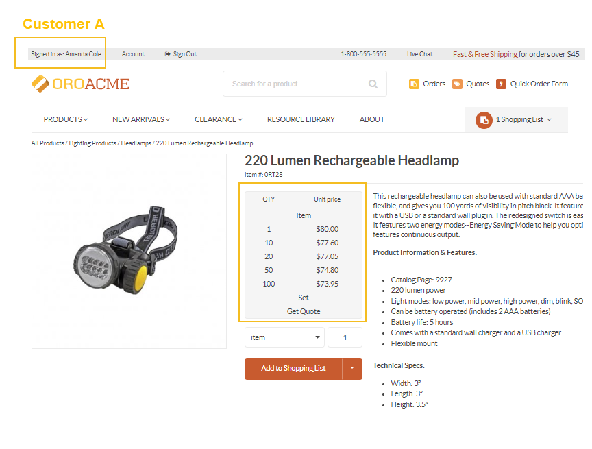 View all prices per tier for the lumen headlamp configured based on the selected minimal prices strategy