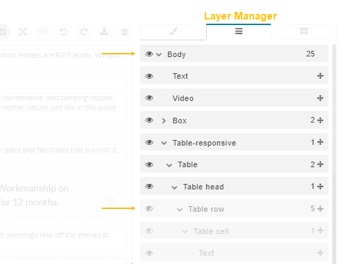 The settings of the WYSIWYG layer manager menu