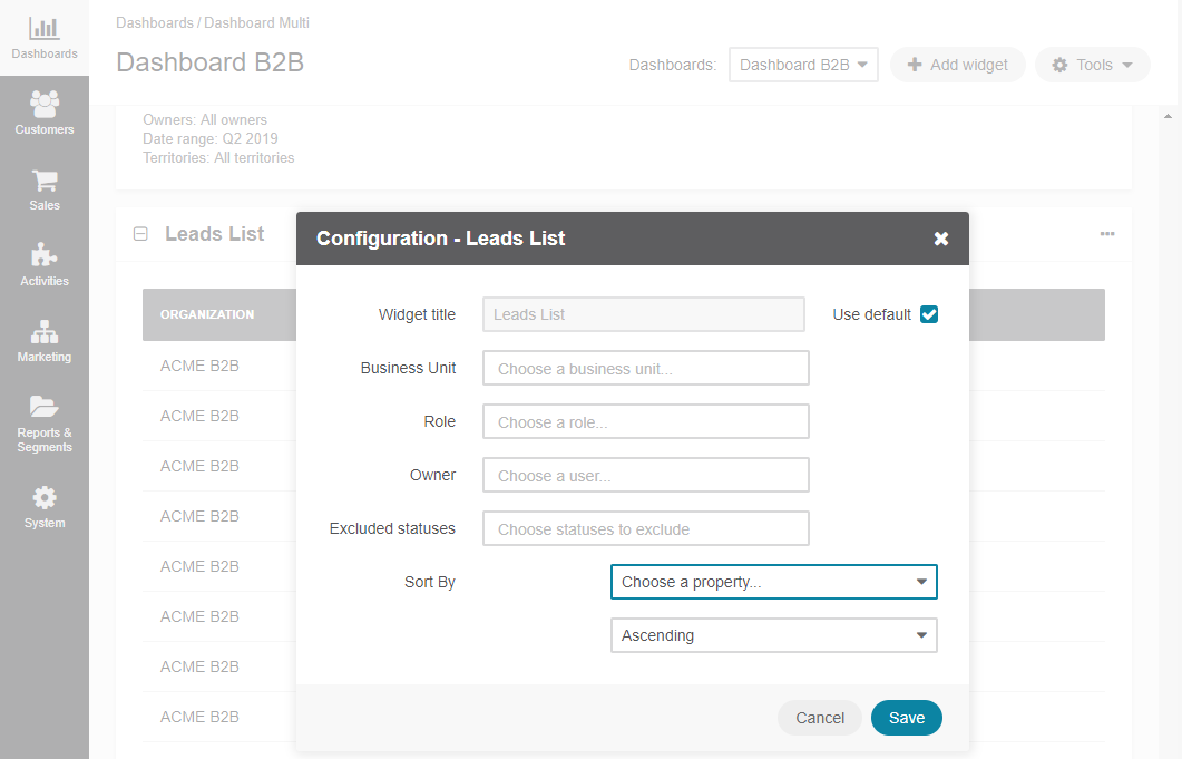 Configuring the Leads List widget