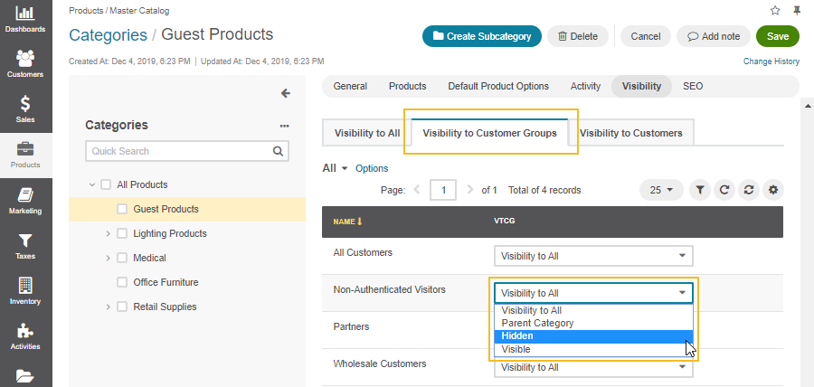 Configure master catalog category visibility for guest customers