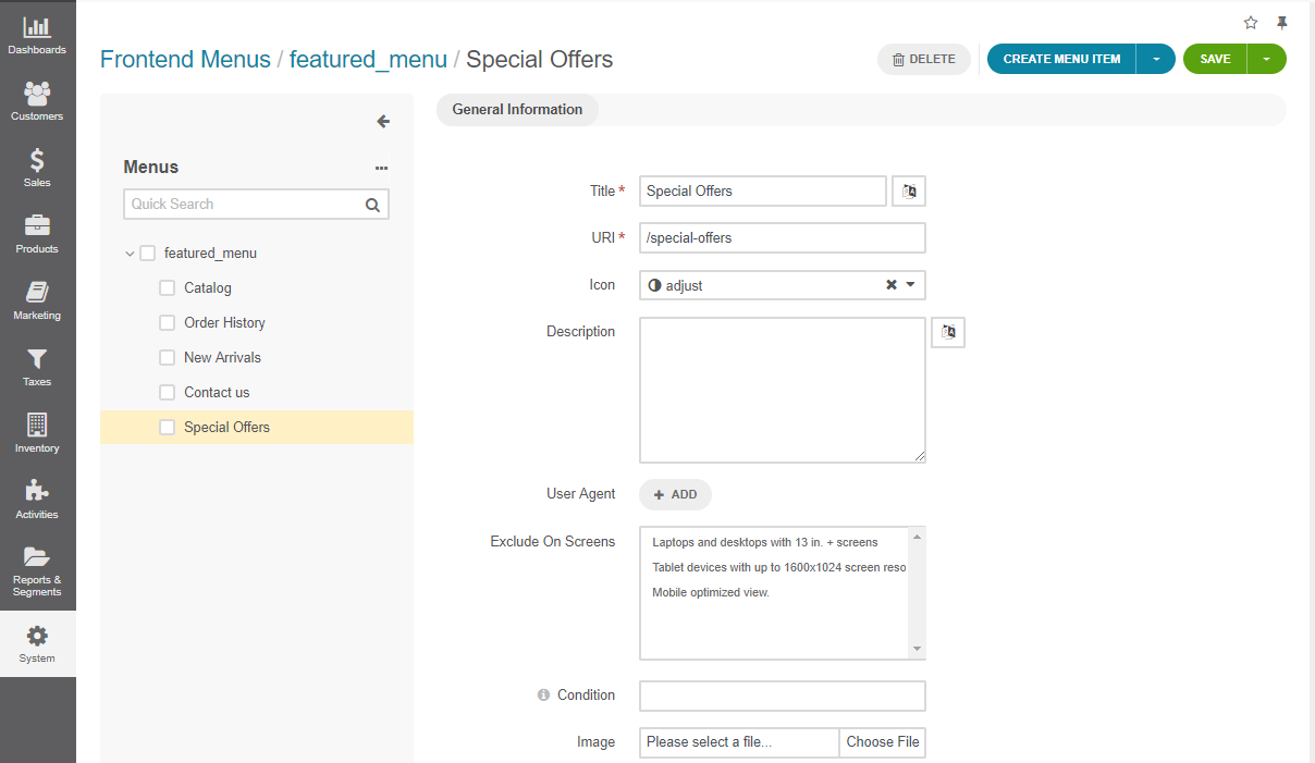 A new frontend menu item added to the featured menu in the back-office