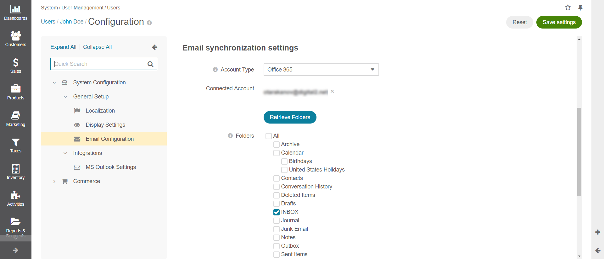 Email synchronization settings for Office 365