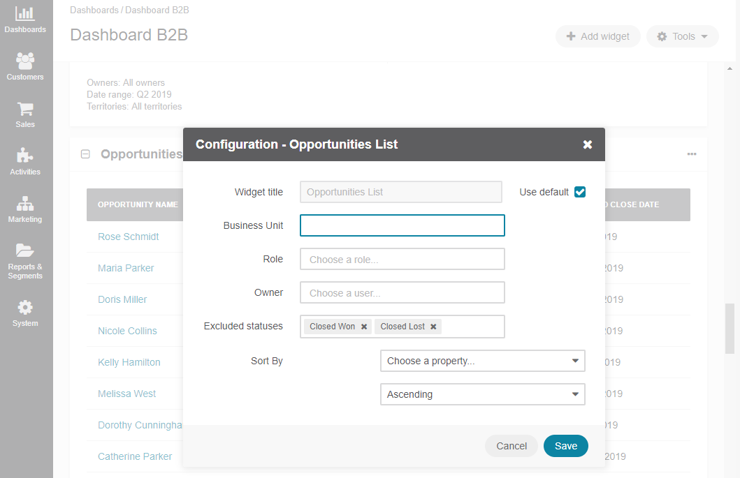 Configuring the Opportunities List widget