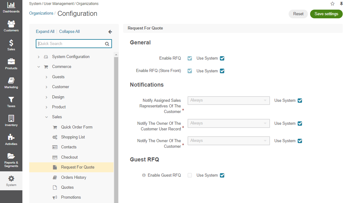 Rfq configuration options per organization