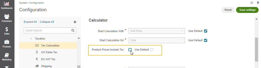 Toggle the feature to include or exclude the tax from product prices