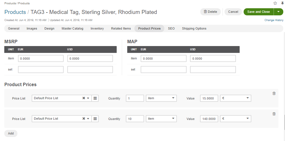 Adding the prices for the medical tag product to the Default PL manually when editing the product details