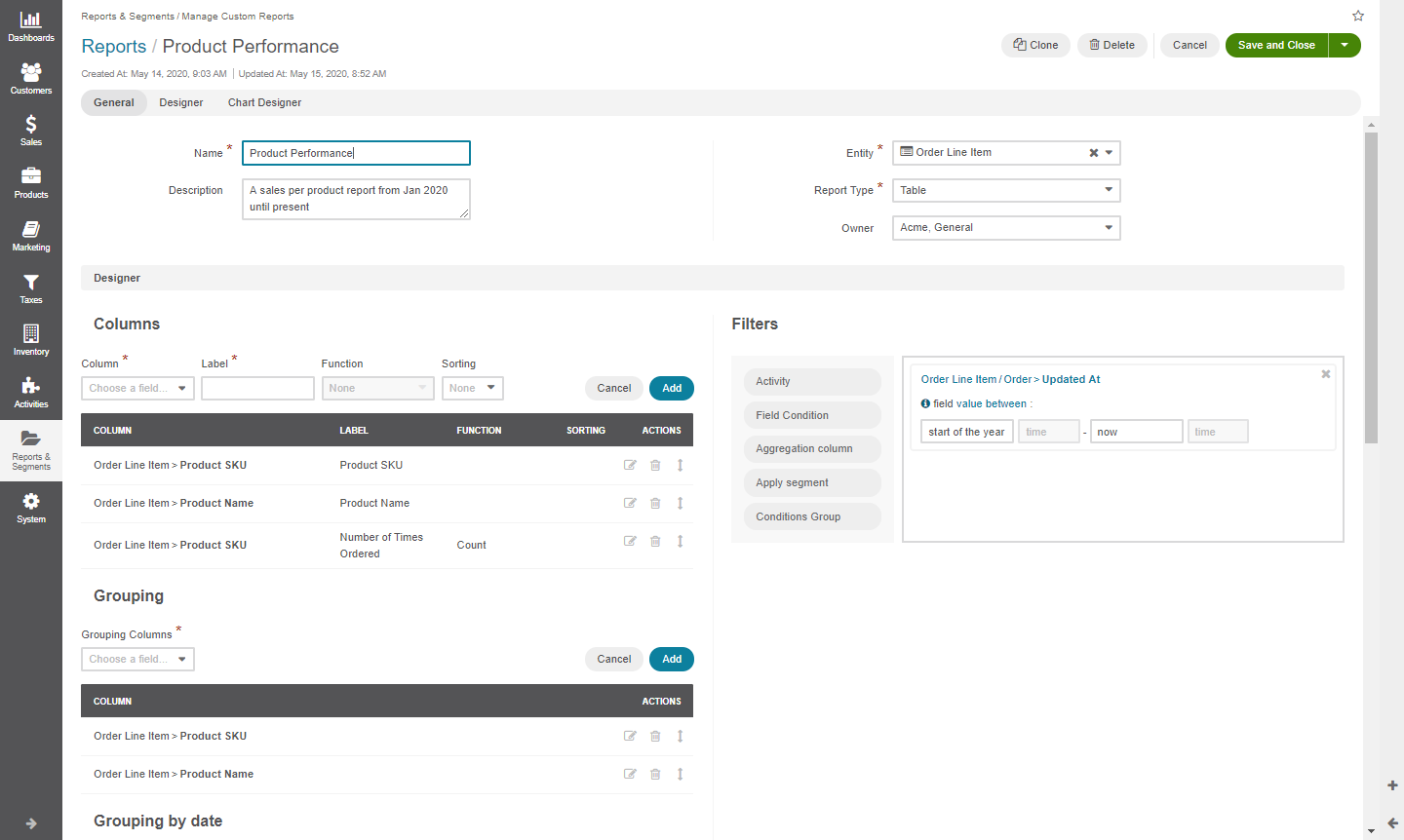 An example of a product performance report