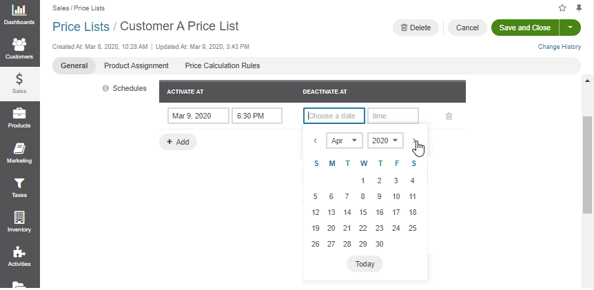 Schedule a price list by setting the date when to activate and deactivate it