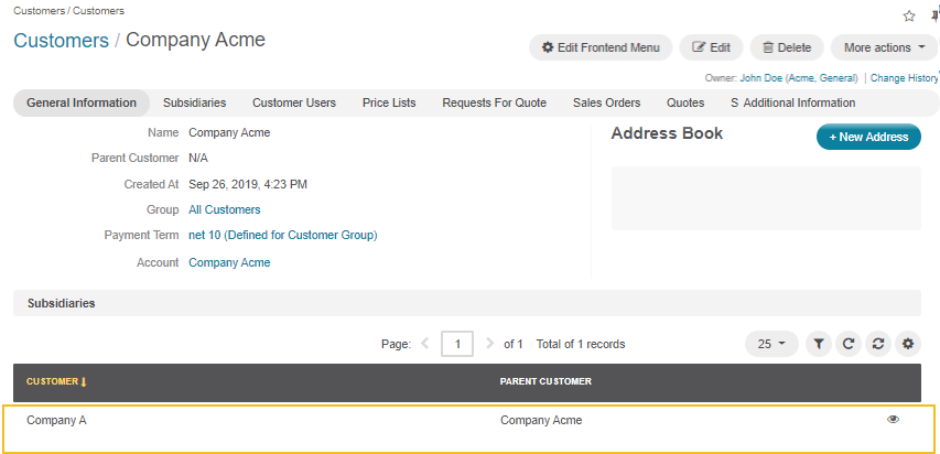 Subsidiaries section of the customer's parent category