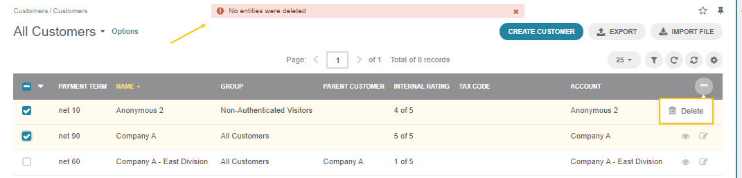 A note appears when deleting a customer warning that no entities can be deleted