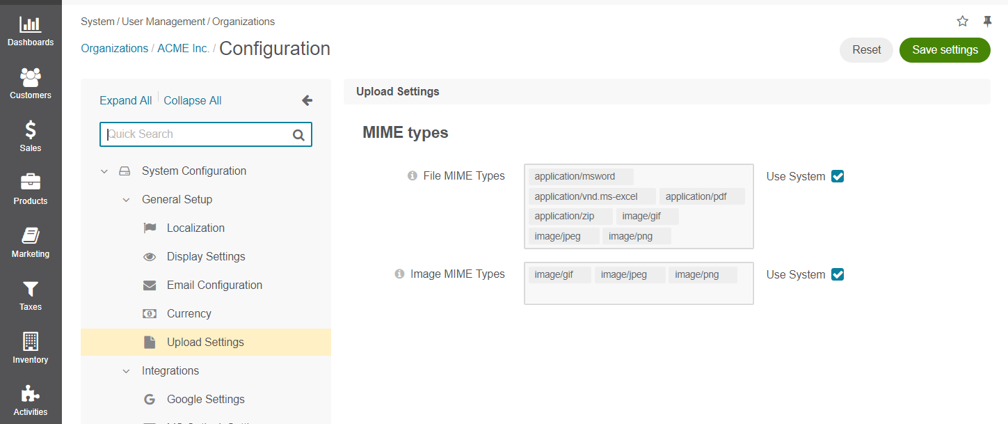 Selecting mime types for a file or an image in the upload settings menu