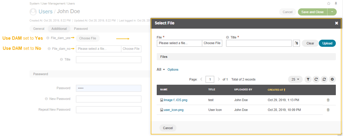 The difference in the image uploading behavior when **Use DAM** is set to yes and no