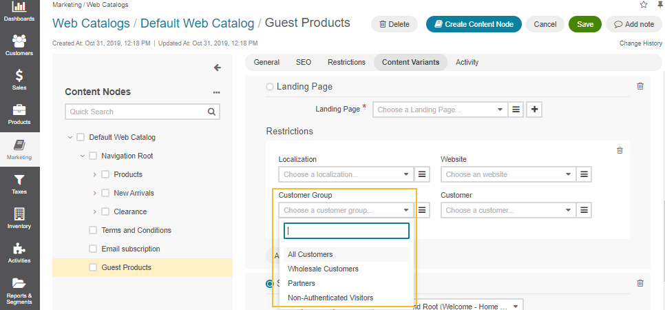 Configure web catalog node visibility for guest customers