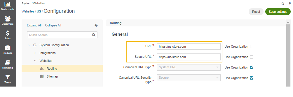 Routing configuration settings of the US website