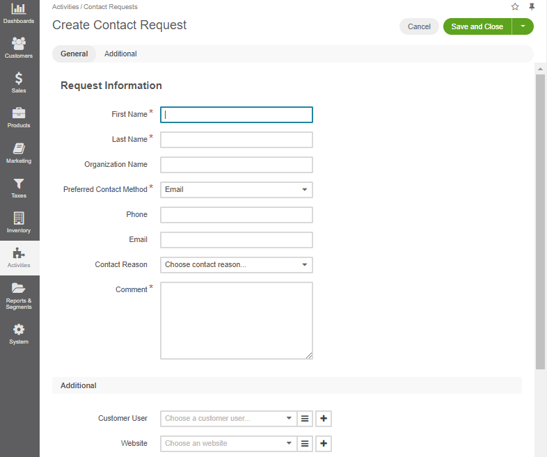 Display the additional section with the options to select a customer user or a website