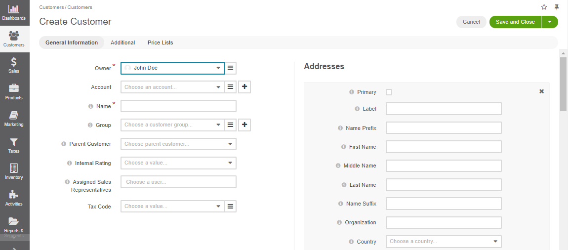 An empty form is displayed when creating a new customer