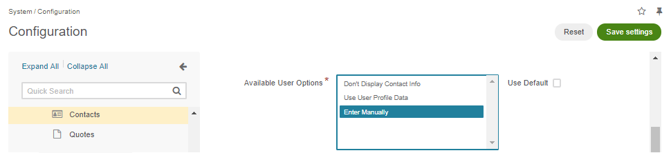 Selecting the Enter Manually option in the Available User Options section in the system configuration