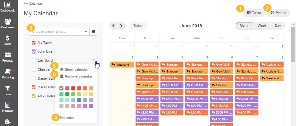 Available actions on your calendar page